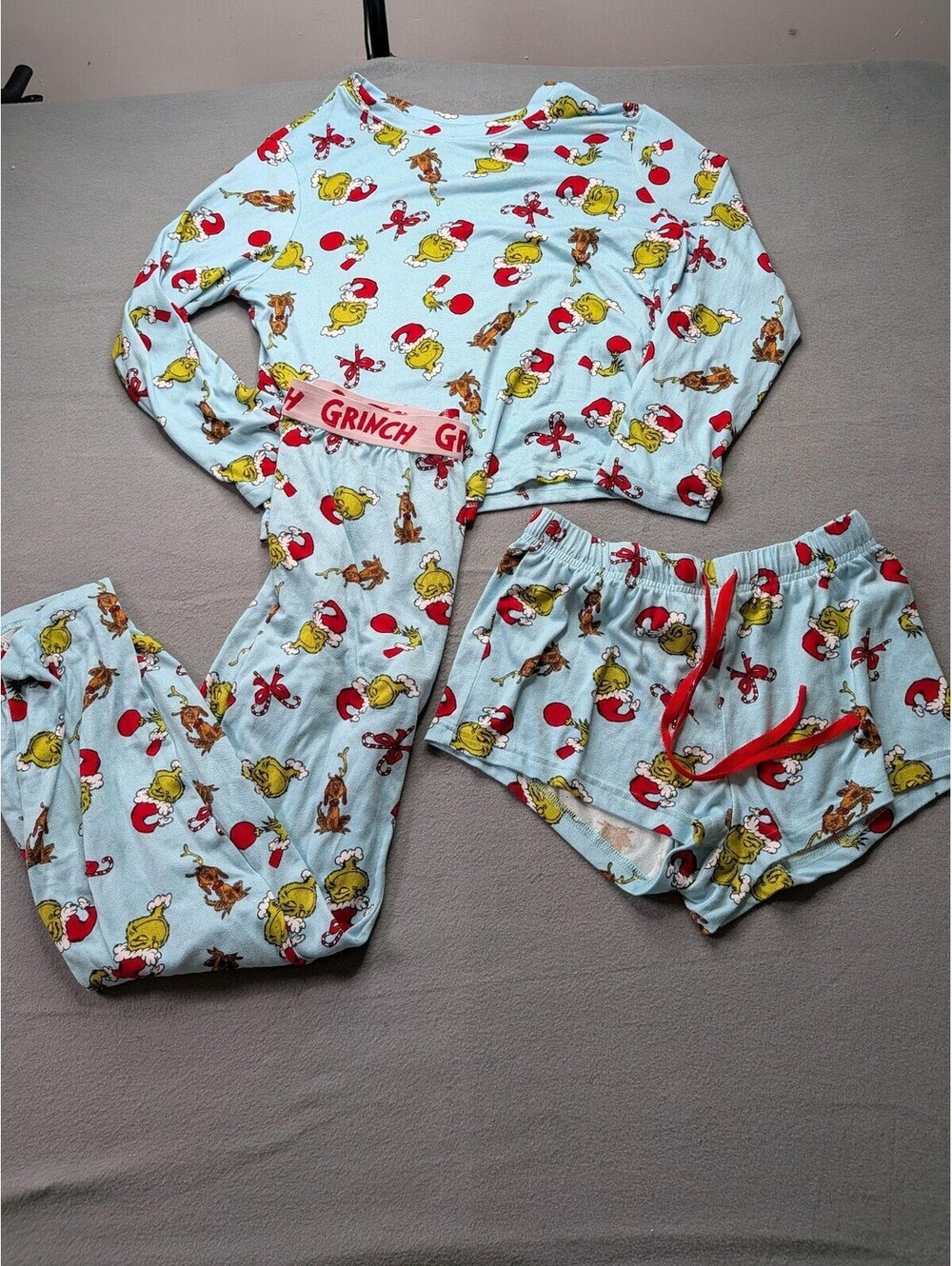The Grinch Pajama Set Womens M Blue Christmas Graphic Top Pants Shorts Lounge